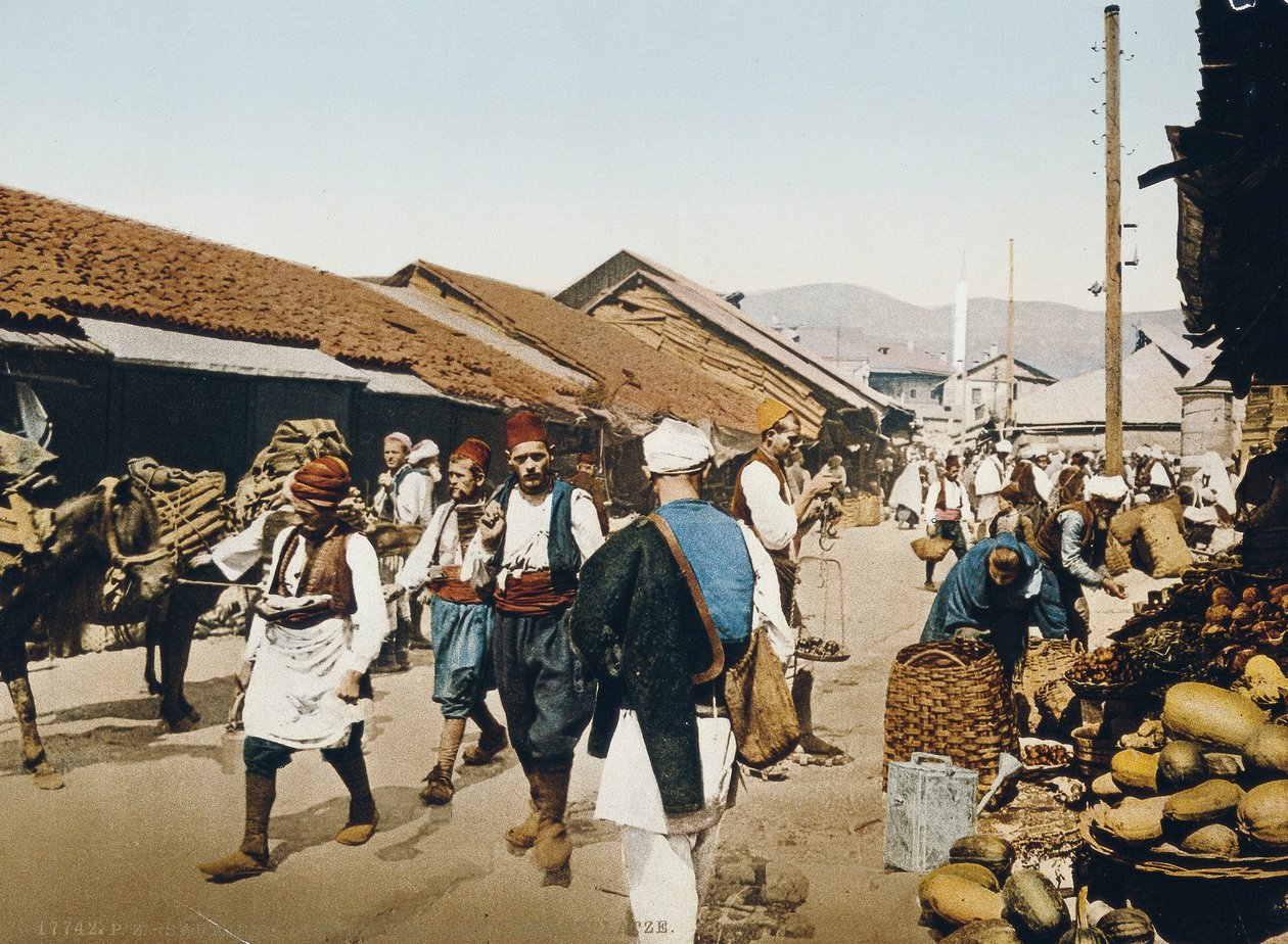 Den gamle markedsplassen, Sarajevo under det østerriksk-ungarske riket, ca. 1900-10 av Unbekannt Unbekannt