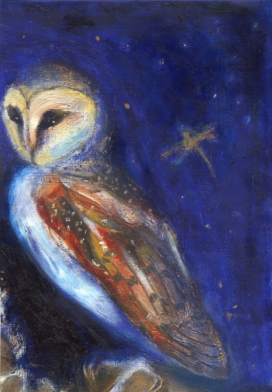 The Owl and the Gold Leaf Dragonfly, 2013, av Unbekannt Unbekannt