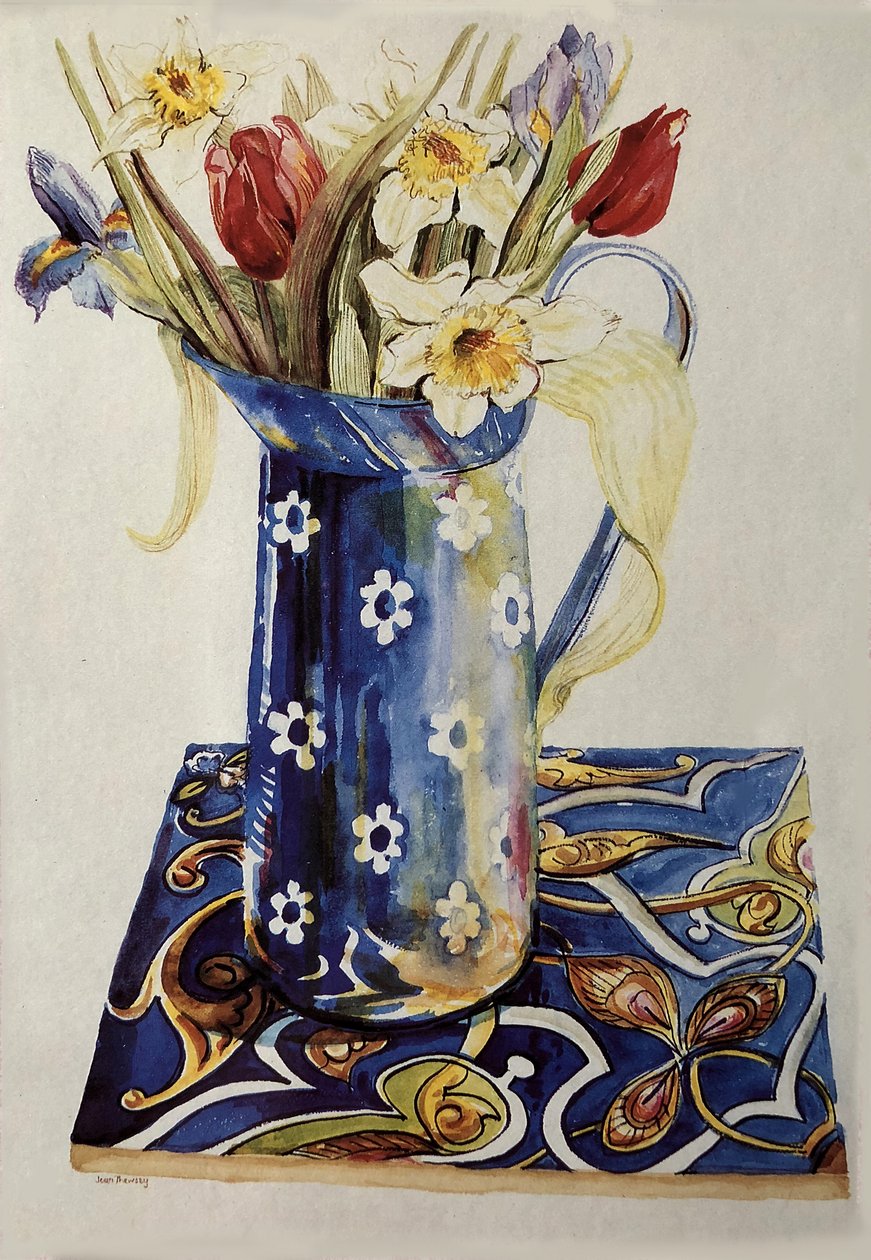 Tulipaner, Iris og Narcissus i en blå emaljemugge med en italiensk flis, av Unbekannt Unbekannt