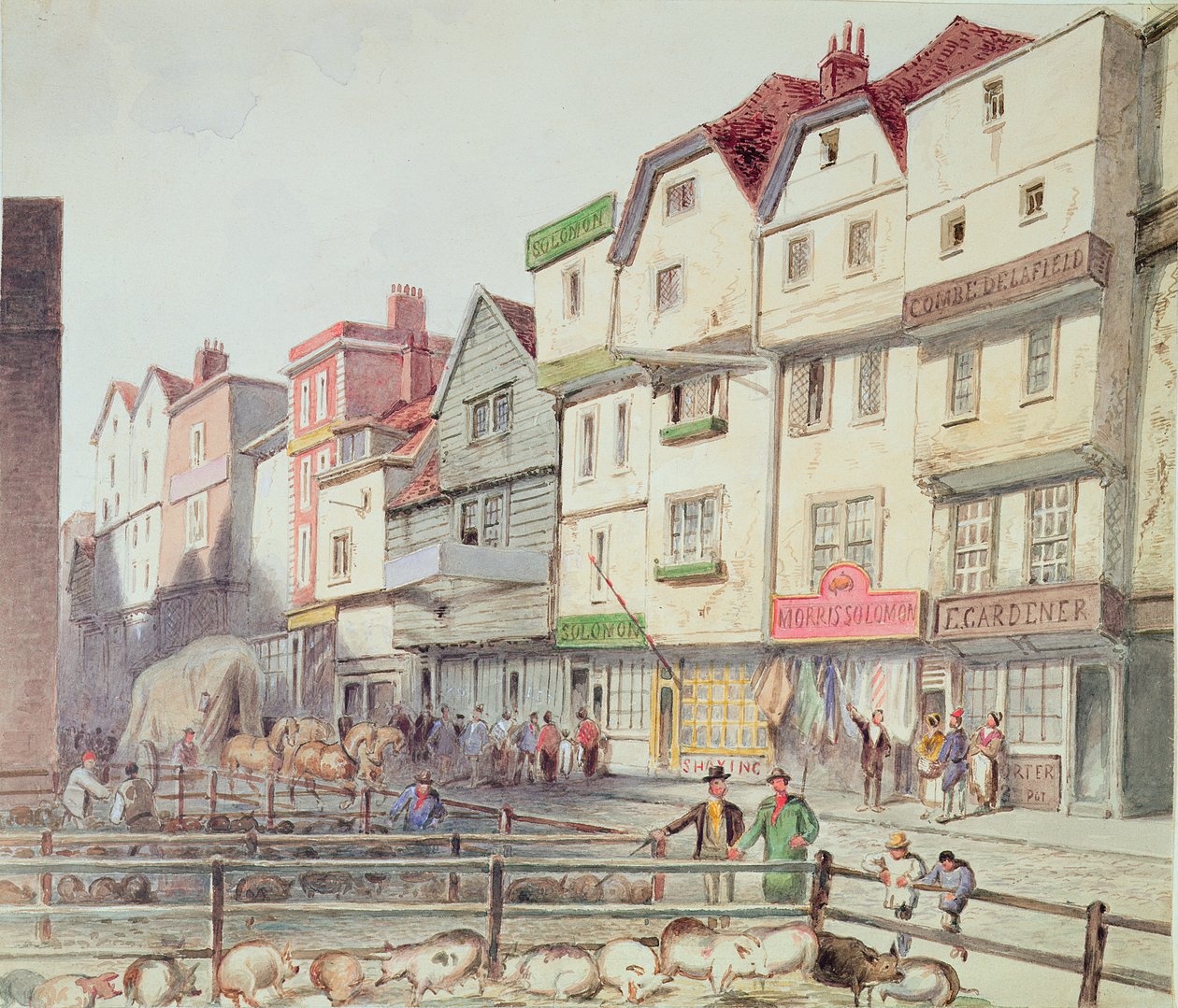 Utsikt over Long Lane, med griser i binger i en del av Old Smithfield Market, 1844 av Unbekannt Unbekannt