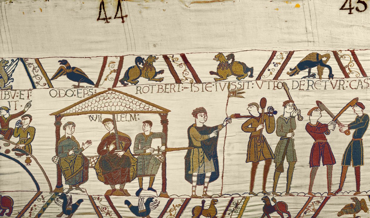 William, sammen med Robert de Mortain og biskop Odo beordrer festningsverk som skal bygges i Hastings, Bayeux-teppet av Unbekannt Unbekannt