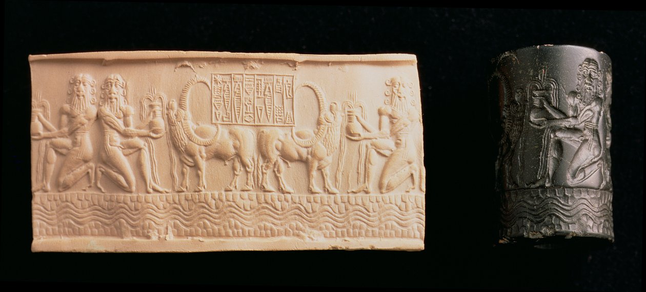 00326 Sylinderforsegling av Shar-kali-sharri, konge av Akkad, Mesopotamia, ca. 2340-2100 f.Kr. (svart marmor) av Unbekannt
