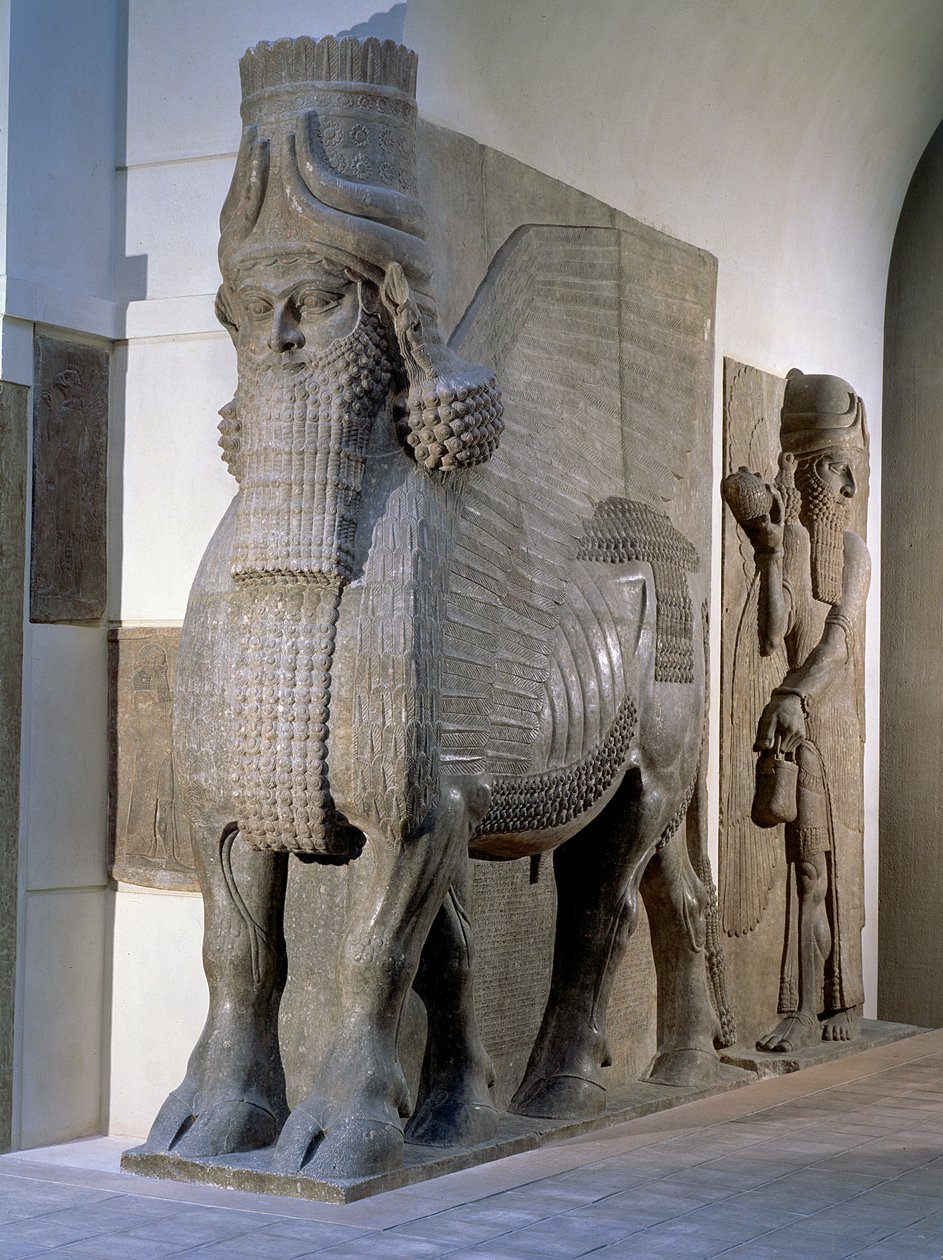 00330 Bevinget okse fra fasaden til palasset til kong Sargon II, Khorsabad, sen assyrisk periode, ca. 725 f.Kr. (gips) av Unbekannt