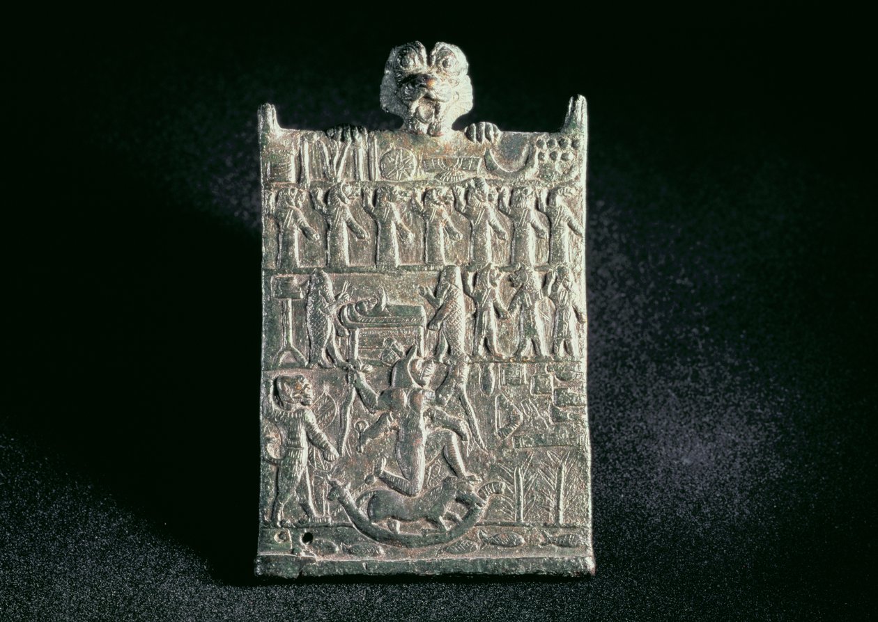 00362 Plaque av Hell, som avbilder komplott mot Lamashtu, Neo-assyrisk, fra Mesopotamia, c.1700 BC (bronse) av Unbekannt