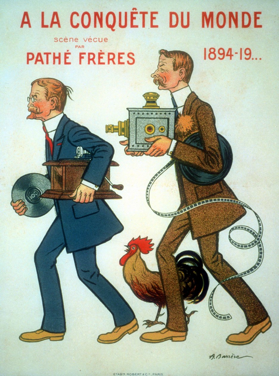1898-plakat av Adrien Barrere for brødrene Charles Pathe (1863-1957) og Emile Pathe (1860-1937) franske ingeniører, kinoprodusenter, her med hanen (deres symbol), projektor og fonograf av Unbekannt