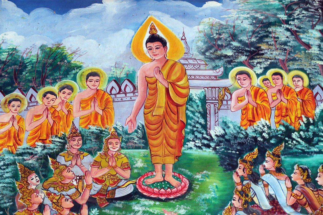 20151029, Vientiane, Laos: Wat Inpeng buddhisttempel. Maleri som skildrer livshistorien til Shakyamuni Buddha av Unbekannt