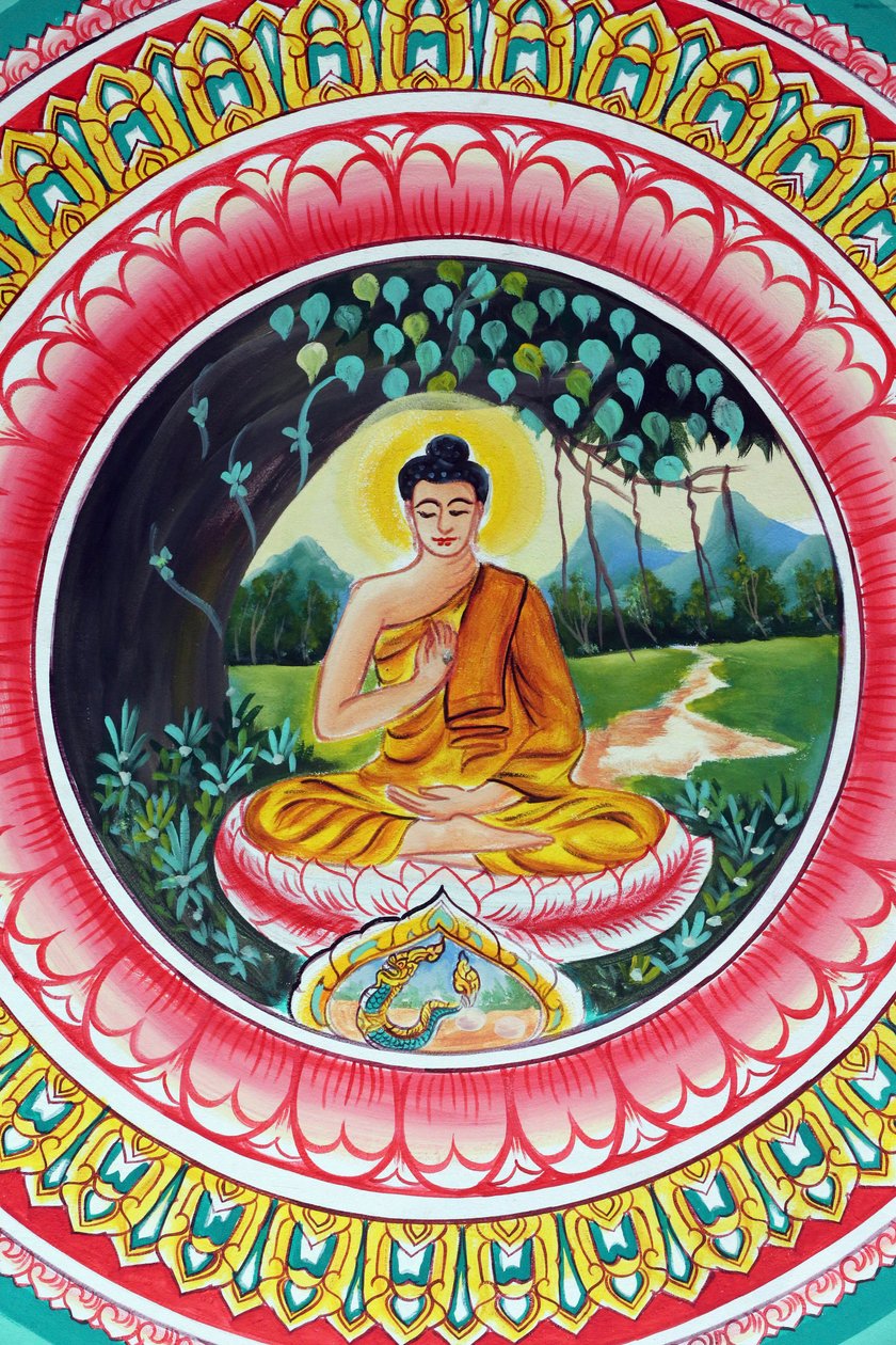 20151029, Vientiane, Laos: Wat Inpeng buddhisttempel. Maleri som skildrer livshistorien til Shakyamuni Buddha. The Teaching Buddha skildrer et spesielt øyeblikk i Buddhas liv, nemlig den første prekenen Buddha holdt etter å ha nådd opplysningstiden av Unbekannt