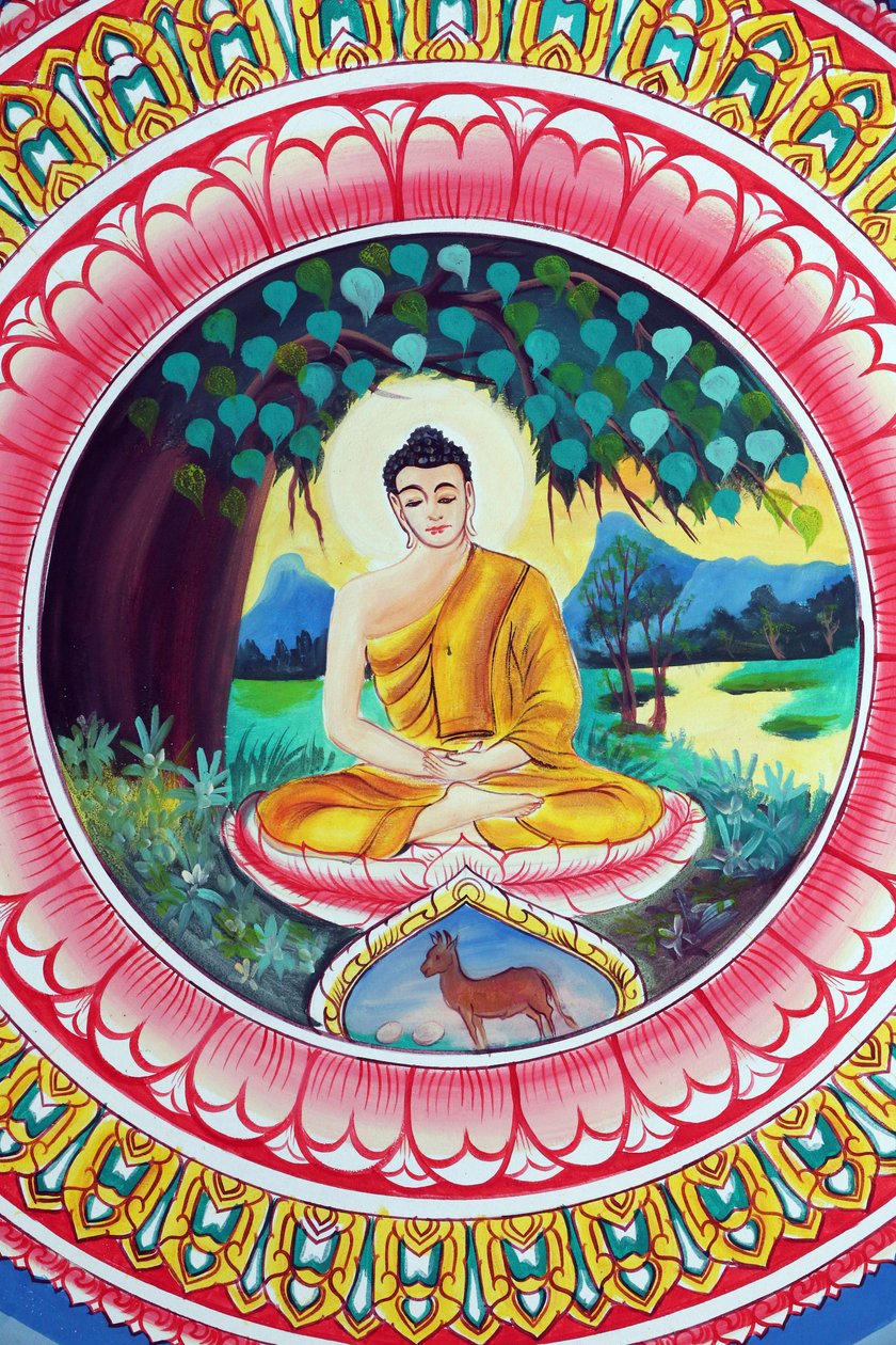 20151029, Vientiane, Laos: Wat Inpeng buddhisttempel. Maleri som skildrer livshistorien til Shakyamuni Buddha. Buddha sitter i meditasjonsstilling av Unbekannt