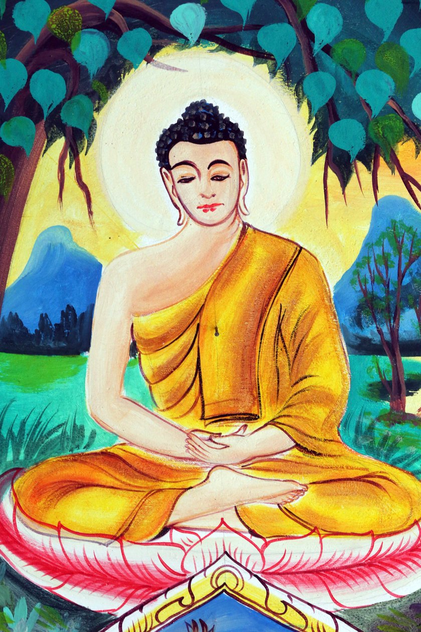 20151029, Vientiane, Laos: Wat Inpeng buddhisttempel. Maleri som skildrer livshistorien til Shakyamuni Buddha. Buddha sitter i meditasjonsstilling av Unbekannt