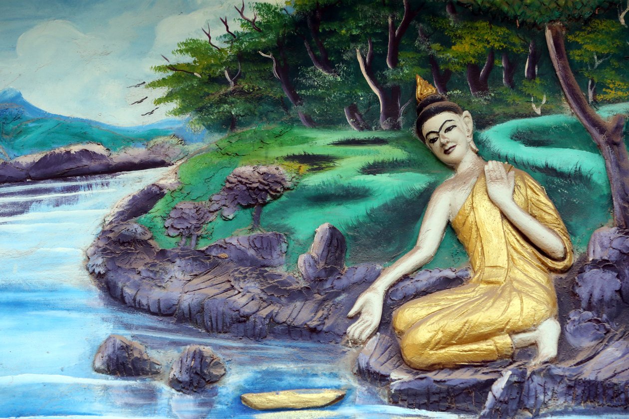 20151029, Vientiane, Laos: Wat Inpeng buddhisttempel. Maleri som skildrer livshistorien til Shakyamuni Buddha. Bading i elva av Unbekannt