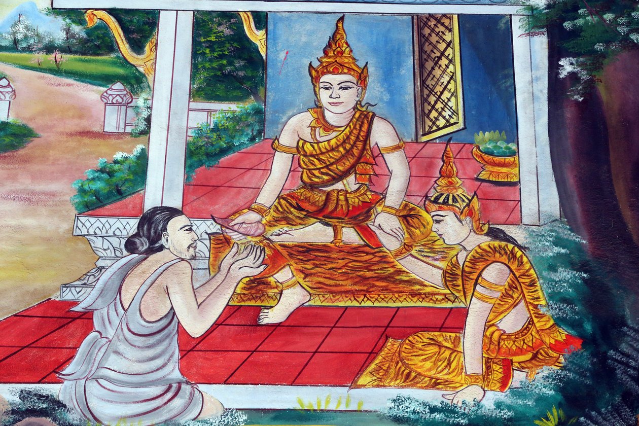 20151029, Vientiane, Laos: Wat Inpeng buddhisttempel. Jataka-fortellingene er fortellinger om Buddhas tidligere liv (det vil si før han ble født for siste gang for å bli Buddha) av Unbekannt