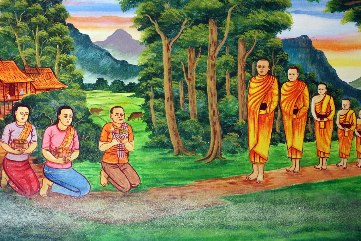20151029, Vientiane, Laos: Buddhisttempelet Wat Si Muang (Simuong). Maleri som skildrer livshistorien til Shakyamuni Buddha av Unbekannt