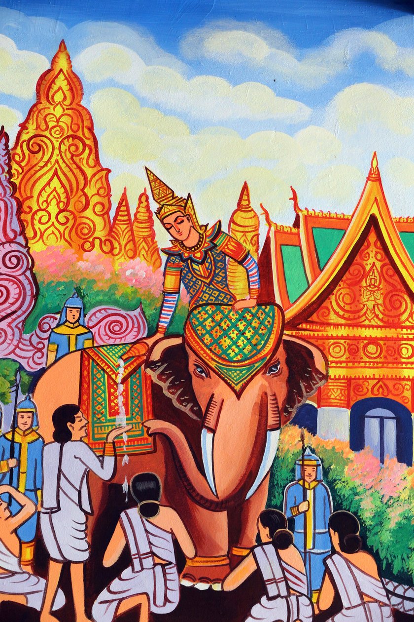 20151029, Vientiane, Laos: Buddhisttempelet Wat Si Muang (Simuong). Maleri som skildrer livshistorien til Shakyamuni Buddha av Unbekannt