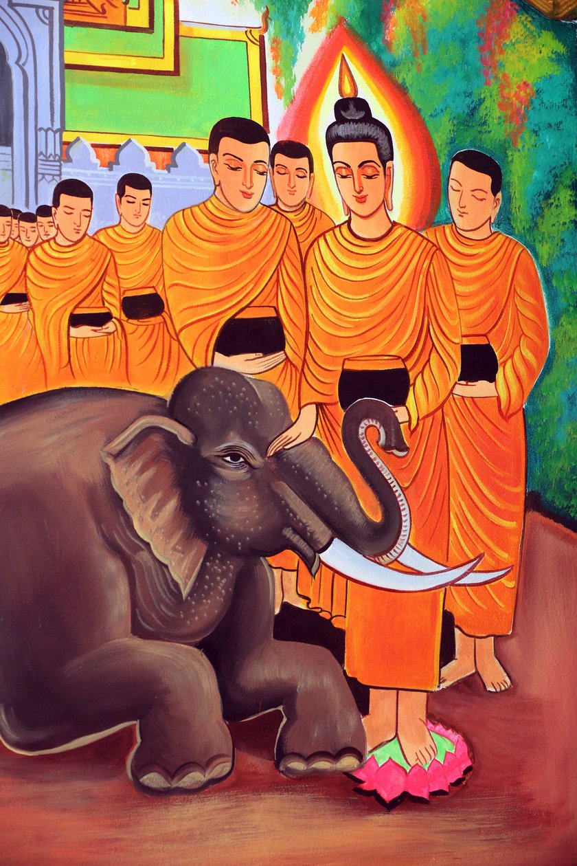 20151029, Vientiane, Laos: Buddhisttempelet Wat Si Muang (Simuong). Maleri som skildrer livshistorien til Shakyamuni Buddha. En vill elefant temmet av kjærlig godhet av Unbekannt