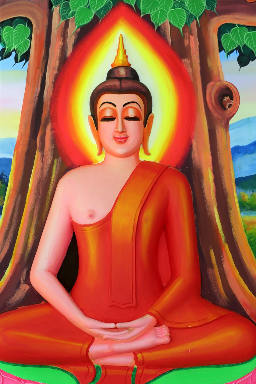 20151030, Vientiane, Laos: Buddhisttempelet Wat Si Muang (Simuong). Maleri som skildrer livshistorien til Shakyamuni Buddha. Buddha sitter i meditasjonsstillingen under Bodhi-treet av Unbekannt