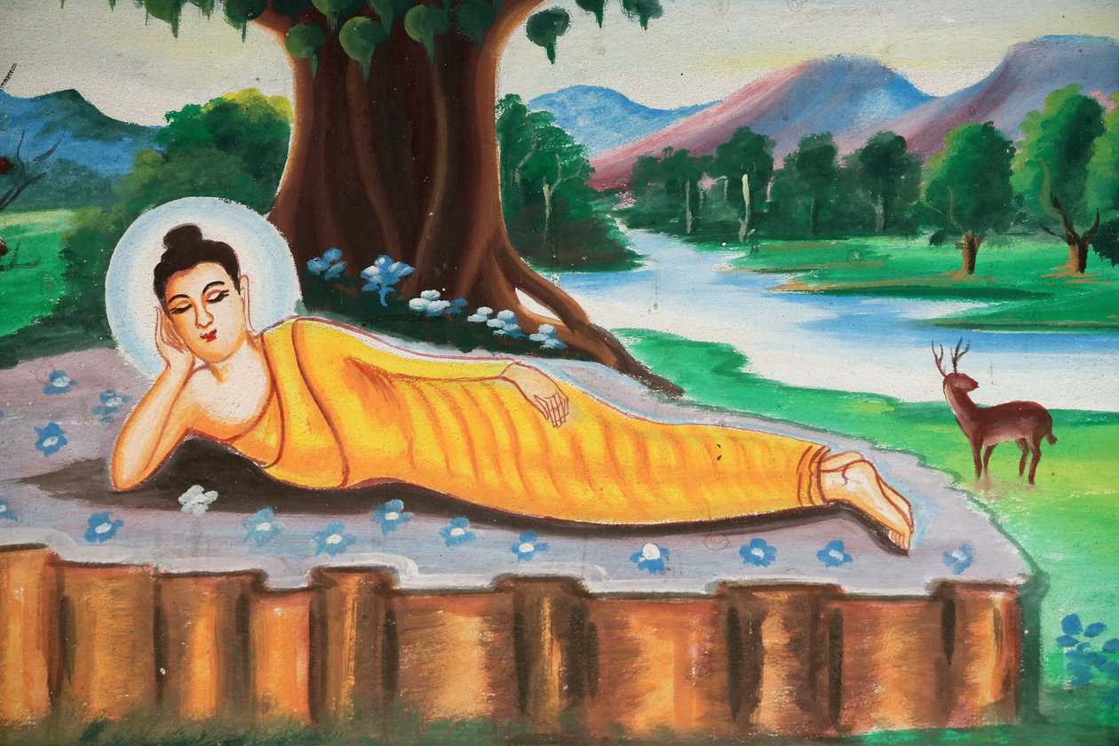 20151102, Vang Vieng, Laos: Maleri som skildrer livshistorien til Shakyamuni Buddha. Liggende Buddha av Unbekannt