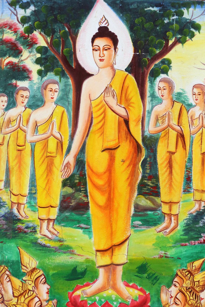 20151102, Vang Vieng, Laos: Maleri som skildrer livshistorien til Shakyamuni Buddha. Buddha viet seg til undervisning og tiltrakk seg hundrevis av tilhengere av Unbekannt