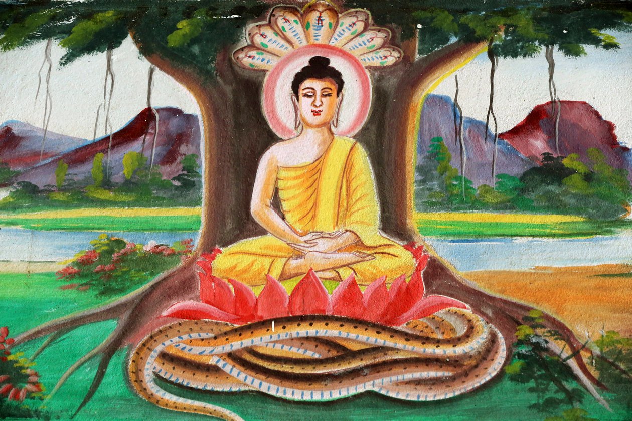20151102, Vang Vieng, Laos: Maleri som skildrer livshistorien til Shakyamuni Buddha. Buddha sitter i meditasjonsstillingen under Bodhi-treet av Unbekannt