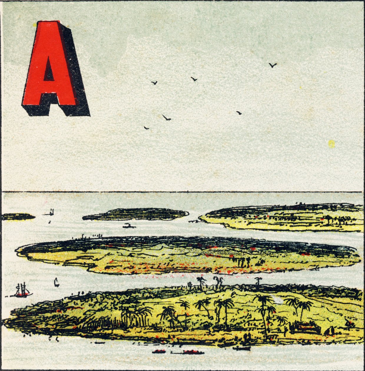 A: Skjærgård. Det er en gruppe øyer forent i samme hav - Gravering hentet fra Geografisk alfabet. Guerin-Muller et Cie, forlag, Paris av Unbekannt