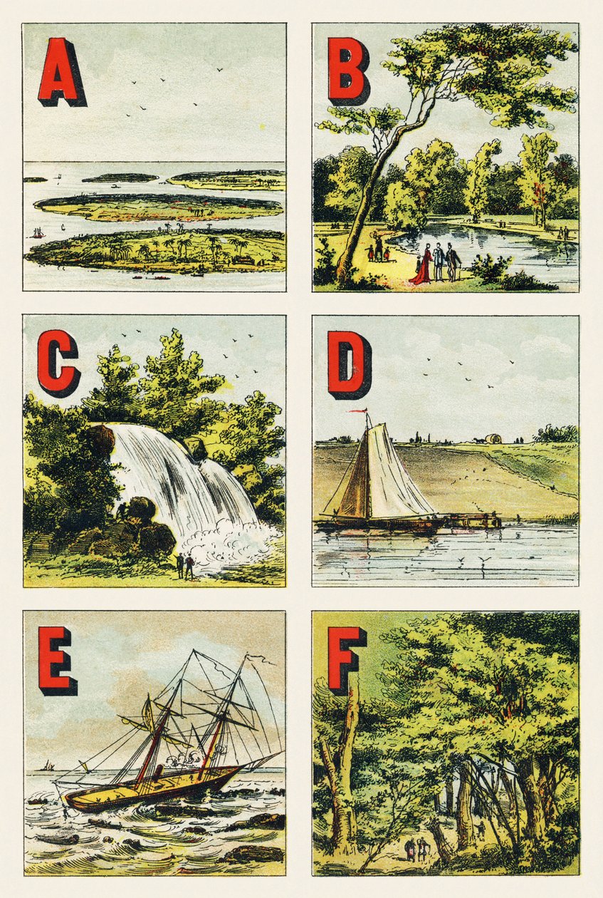 A B C D E F: skjærgård, Bois de Boulogne, foss, dyke, rev, skog i Fontainebleau - Gravering hentet fra Geografisk alfabet. Guerin-Muller et Cie, forlag, Paris av Unbekannt
