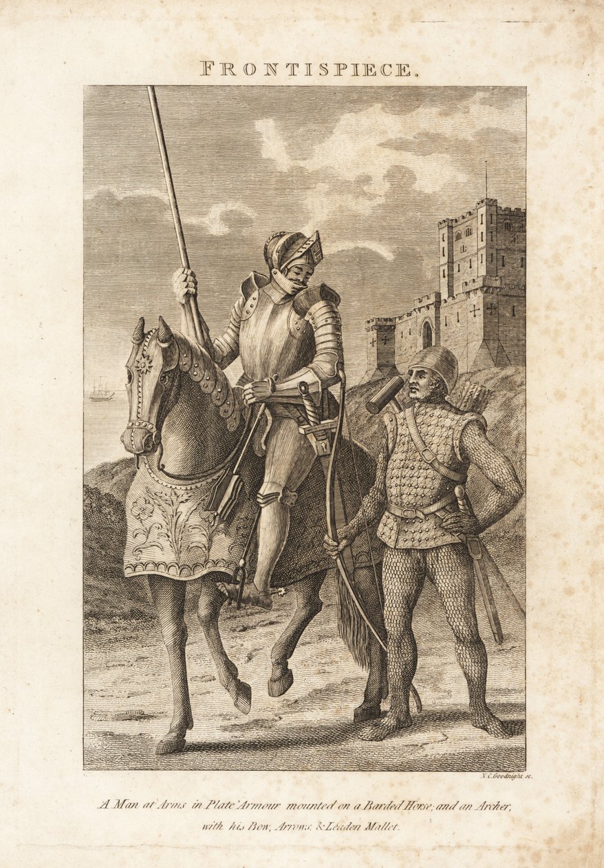 A Man at Arms i platerustning montert på en bardert hest og en bueskytter i ringbrynje med sin bue, piler og blyklubbe av Unbekannt
