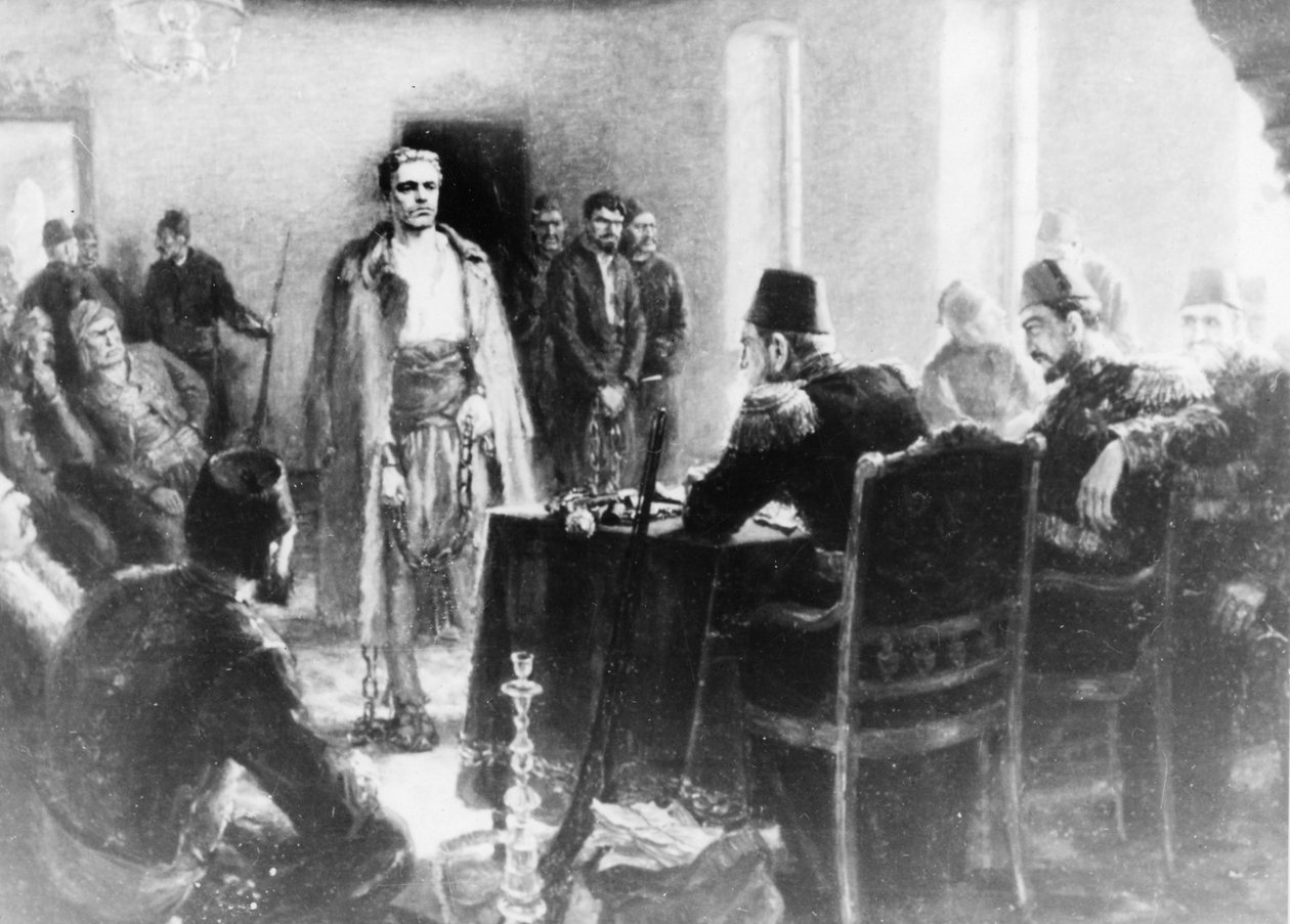 Et maleri av Kalina Tasseva som viser den bulgarske revolusjonæren Vasil Levski foran et domstol i det osmanske riket av Unbekannt