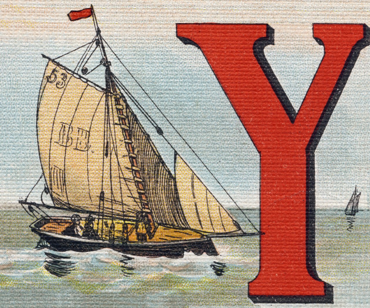En Yacht. Gravering i "Alphabet de ma petite fille". Bernardin-Bechet og Fils, bokhandler-forlag, Paris, rundt 1895. Ubrytelig album på lerret. Bibliotheque des Bebes. 12 sider. Album som inneholder en lesemetode og et illustrerende abecedary. Dim: av Unbekannt