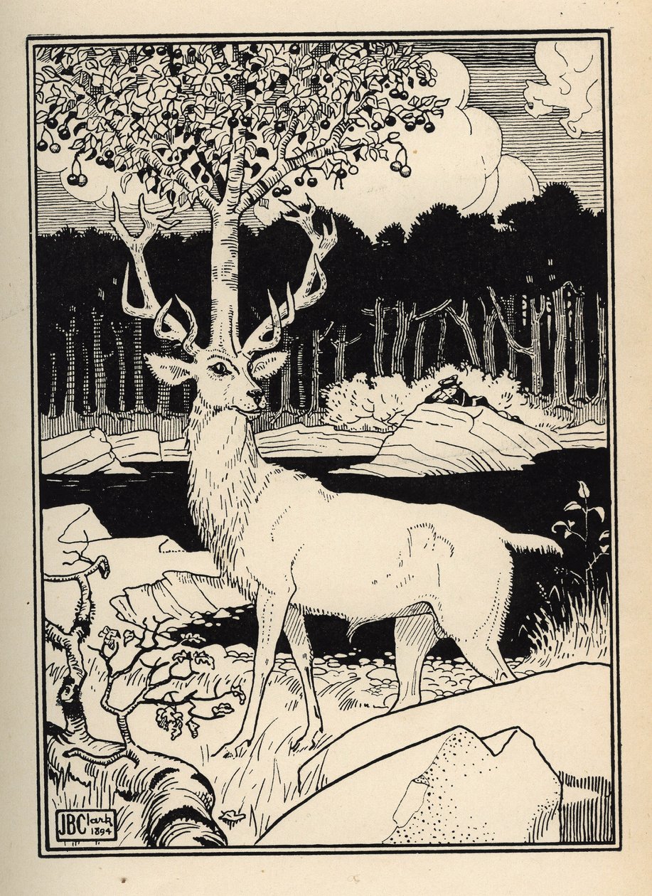 Et kirsebærtre på hodet til en hjort berørt av steinene av kirsebærspyd av Baron de Munchausen Illustrasjon av William Strang (1859-1921) og JB Clark hentet fra «The Adventures of the Baron of Munchausen (Munchhausen) av Rudolf Erich Raspe (1736- av Unbekannt