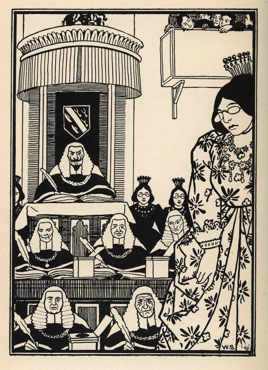 En domstol som stort sett er feminin, fremstår for baronen som en ironi som er verdig å nevne blant hans eventyr. Illustrasjon av William Strang (1859-1921) og JB Clark fra "The Adventures of the Baron of Munchausen (Munchhausen) av Rudolf Erich Raspe (173 av Unbekannt