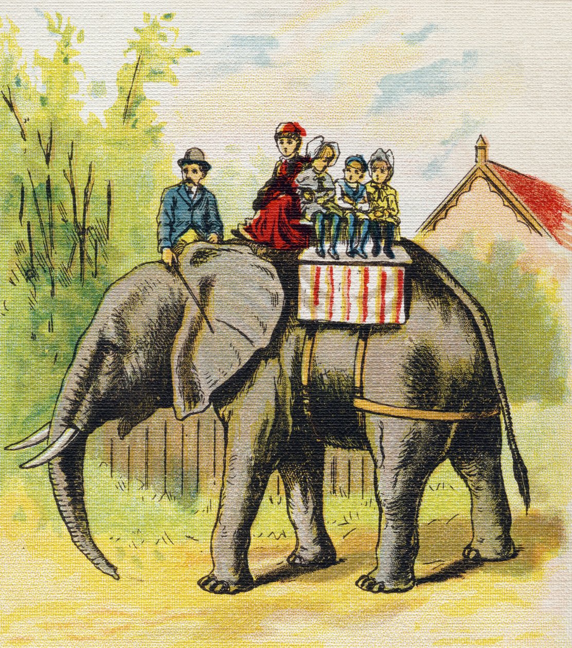 En familie som sitter på en elefant. Gravering i "ABC L'alphabet des bebes". Ubrytelig volum på lerret i kromolitografi. A. Capendu, redaktør, Paris. Tidlig på 1900-tallet, rundt 1905. Bilder av engelsk opprinnelse, ledsaget av ord på fransk  av Unbekannt