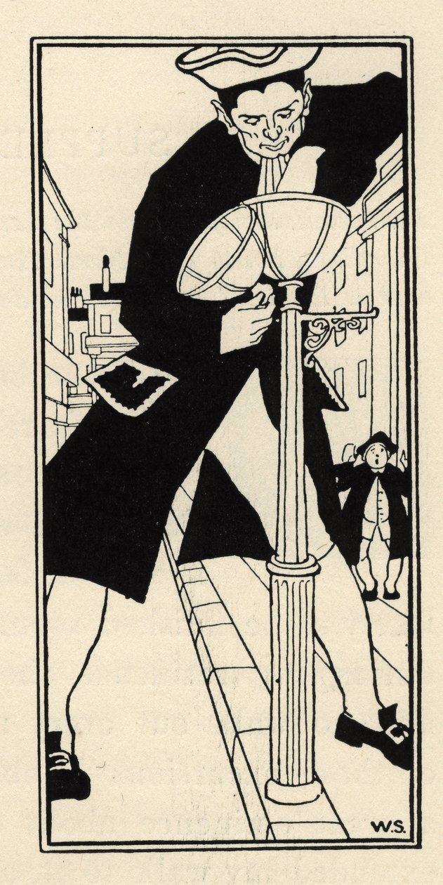 En gigant, brakt av Baron de Munchausen fra Cheese Island i England, tenner gatelysene uten stige. Illustrasjon av William Strang (1859-1921) og JB Clark fra «The Adventures of the Baron of Munchausen (Munchhausen) av Rudolf Erich Ra av Unbekannt