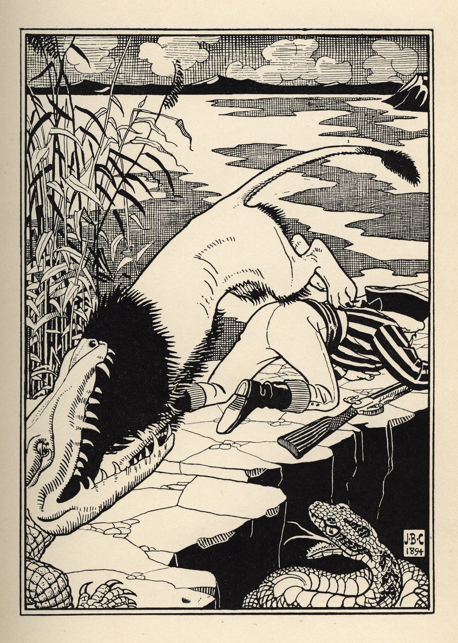 En løve som ville angripe Baron de Munchausen endte opp med en krokodille. Illustrasjon av William Strang (1859-1921) og JB Clark fra "The Adventures of the Baron of Munchausen (Munchhausen) av Rudolf Erich Raspe (1736-1794) (1789) av Unbekannt