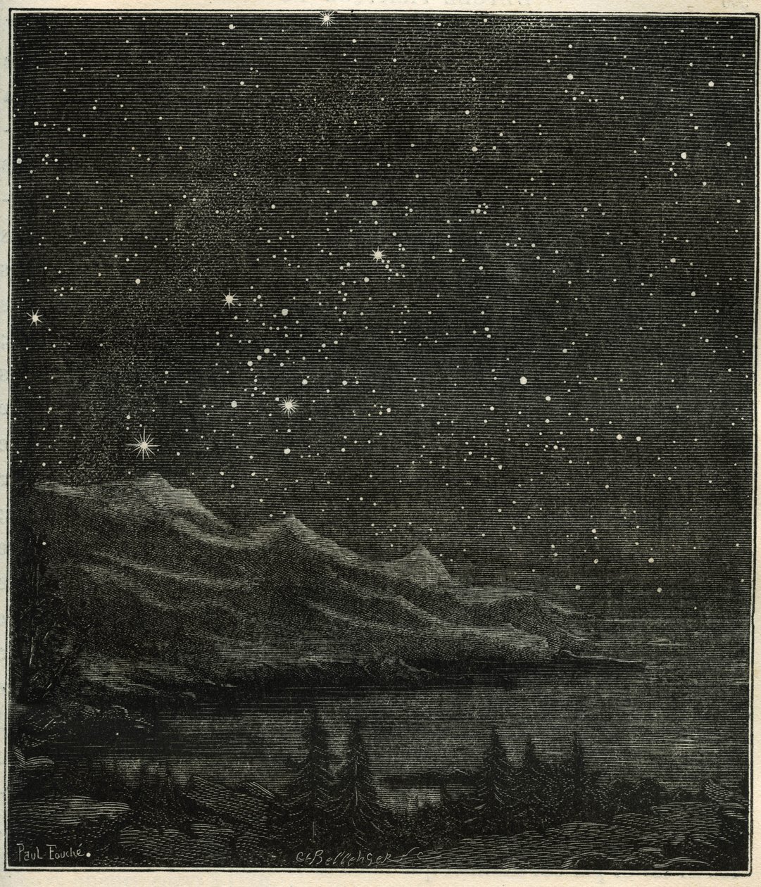 En stjerneklar natt perfekt for å observere himmelen. Gravering fra Camille Flammarions "The Stars and Other Curiosities of the Sky" av Unbekannter Künstler