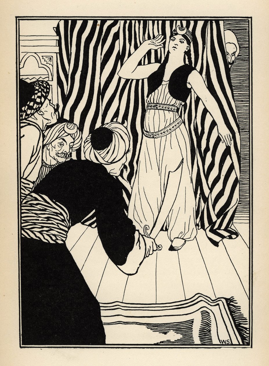 En sultan skjuler baronen de Munchausen. Illustrasjon av William Strang (1859-1921) og JB Clark fra "The Adventures of the Baron of Munchausen (Munchhausen) av Rudolf Erich Raspe (1736-1794) (1789) av Unbekannt