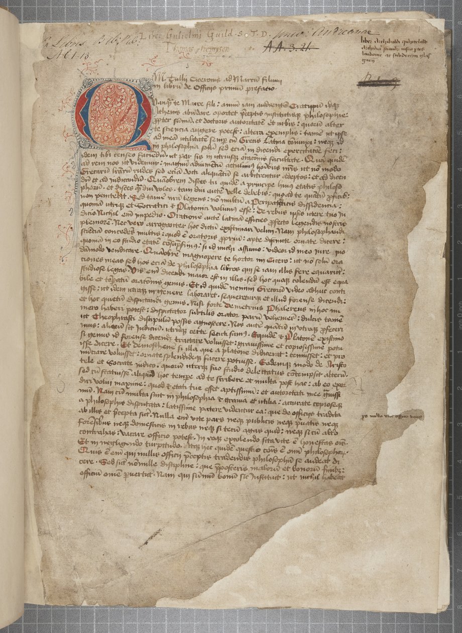 En transkripsjon, i tre hender, av de filosofiske verkene til Marcus Tullius Cicero tilsynelatende hentet fra editio romana fra 1471, med marginalia i hånden til Archibald Whitelaw og andre, ca. 1480 (blekk på pergament) av Unbekannt