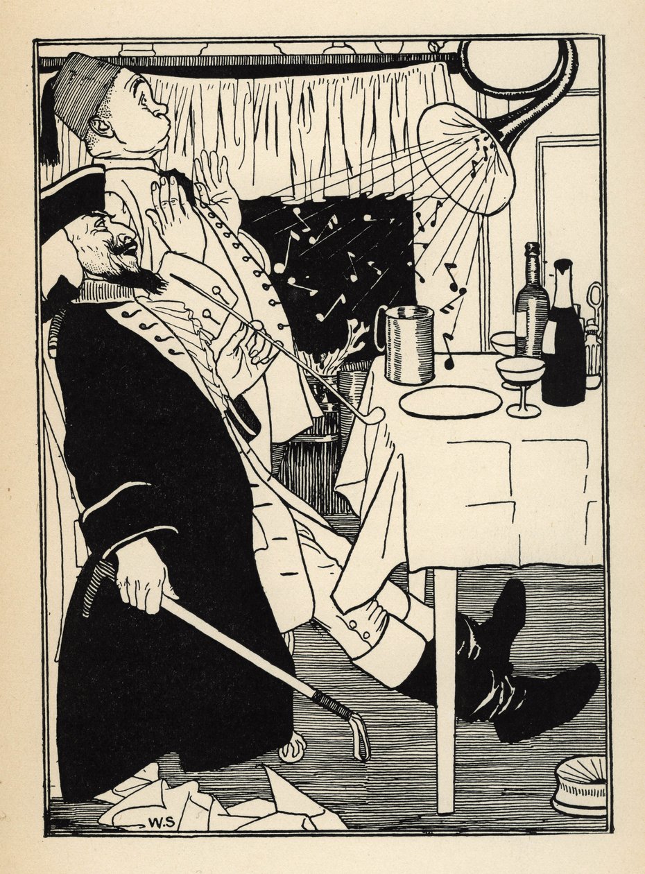 En trompet som hadde frosset, produserer lyder på egen hånd når den varmes opp, har moro og forbauselse av alt Illustrasjon av William Strang (1859-1921) og JB Clark fra «The Adventures of the Baron of Munchausen (Munchhausen) av Rudolf Erich Raspe (1736- av Unbekannt