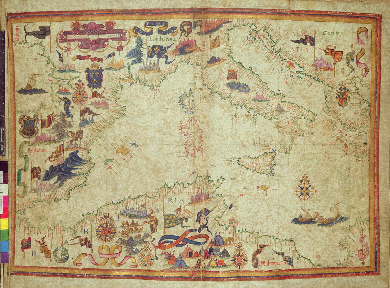 Ytterligere 5415A, ff.11v-12r: Middelhavets kyst fra Gibraltarstredet til Morea med Adriaterhavet, ca. 1558 (vellum) av Unbekannter Künstler