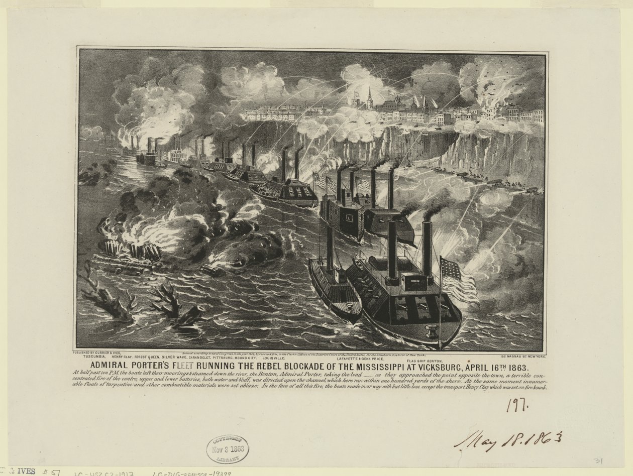 Admiral David Dixon Porters flåte kjører opprørsblokaden på Mississippi ved Vicksburg, 16. april av Unbekannt