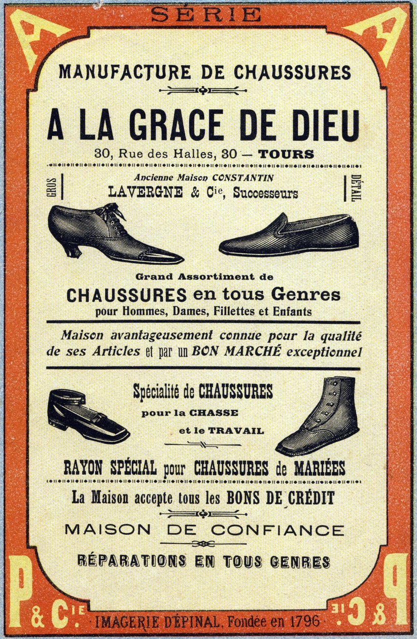 Reklame for Manufacture de chaussures "A la grace de dieu" i Tours. Gravering i "ABC Les Images en Alphabet". Epinal avbildning. Pellerin og Cie, trykker-utgiver, Epinal, slutten av 1800-tallet, ca. 1890. 10 sider. Mål: 19,5 x 13,5 cm av Unbekannt
