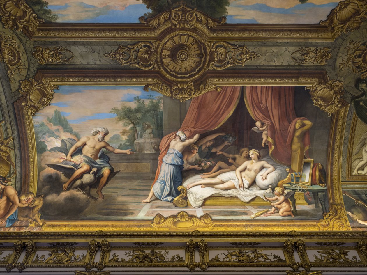 Allegorie du Feu som representerer Jupiter og Semele, Louis XIII (1601-1643) på besøk hos Anne av Østerrike (1601-1666) (unnfangelse av Louis XIV). Maleri av hvelvet til Galerie doree, av Francois Perrier (1594-1649) av Unbekannt