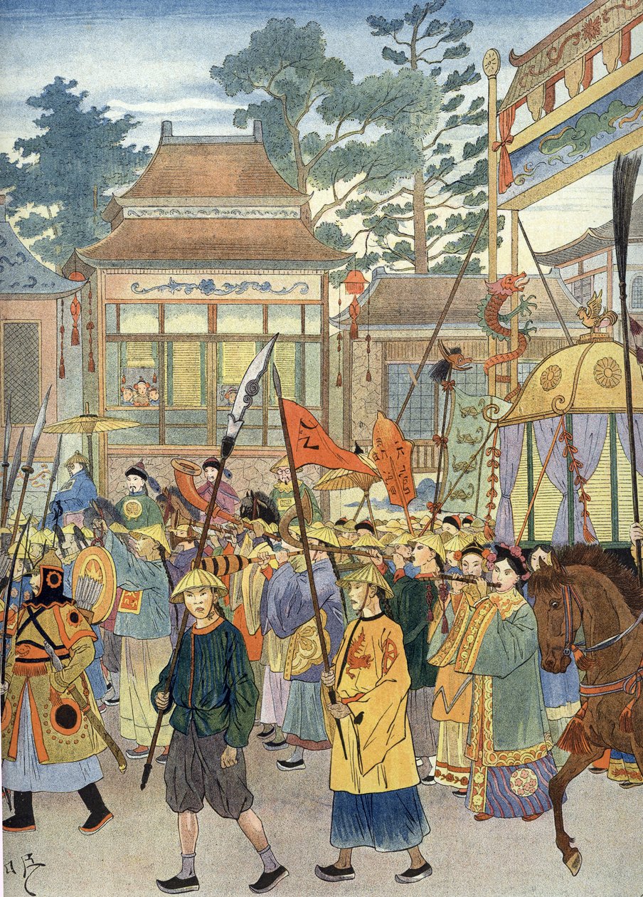 Allegori av den gamle kinesiske hymnen: Keiseren i en Palanquin, rundt 1900 (illustrasjon) av Unbekannter Künstler