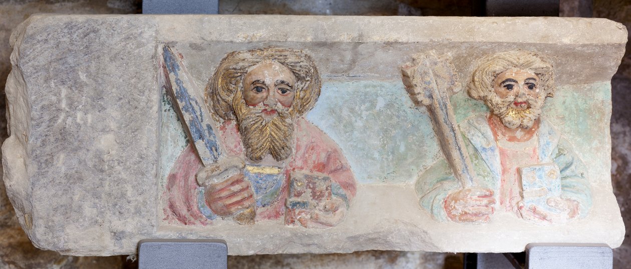 Altertavle. polykrom stein. Andre halvdel av 1300-tallet. Opprinnelse tidligere sognekirke Torre de Rialb. Detalj. Nedre register. Venstre panel. Evangelistene Paul Peter. av Unbekannt