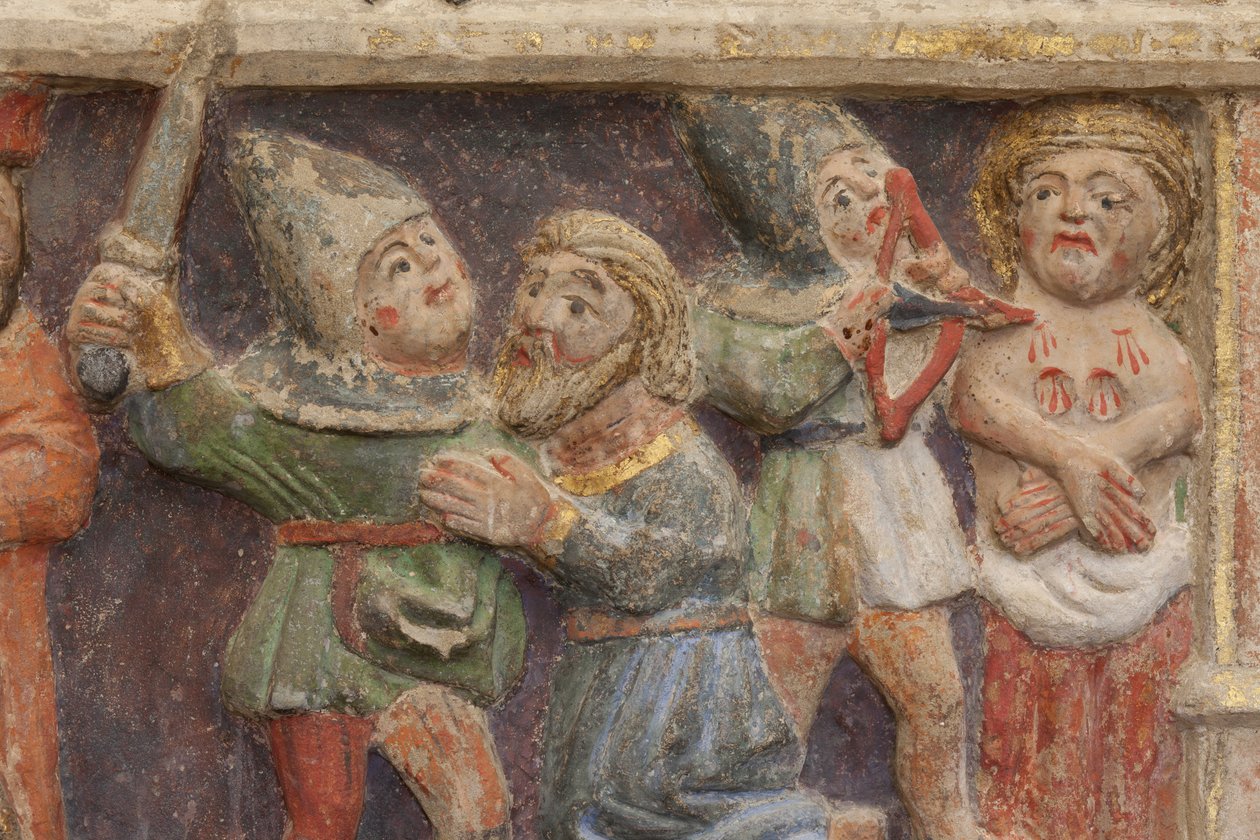 Altertavle. polykrom stein. Andre halvdel av 1300-tallet. Opprinnelse tidligere sognekirke Torre de Rialb. Detalj. Midtregister. Venstre panel. Nedre del: en tjenestemann ser på åstedet ved halshuggingen av Saint Iscle og amputasjonen av brystene til Sa av Unbekannt
