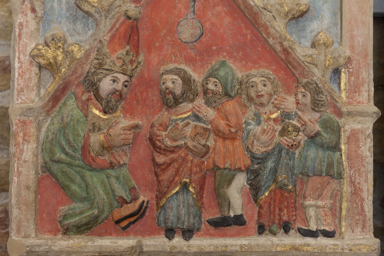 Altertavle. polykrom stein. Andre halvdel av 1300-tallet. Opprinnelse tidligere sognekirke Torre de Rialb. Detalj. Midtregister. Venstre panel. Øvre del: Saints Iscle og Victoria med embetsmennene. av Unbekannt