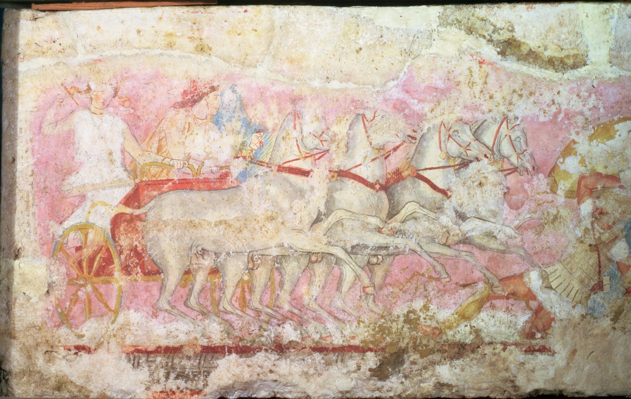Amazoner som kjører vogn, detalj fra siden av Amazonas sarkofag, Tarquinia, 4. århundre f.Kr. (tempera på alabast) (detalj av 85168) av Unbekannt