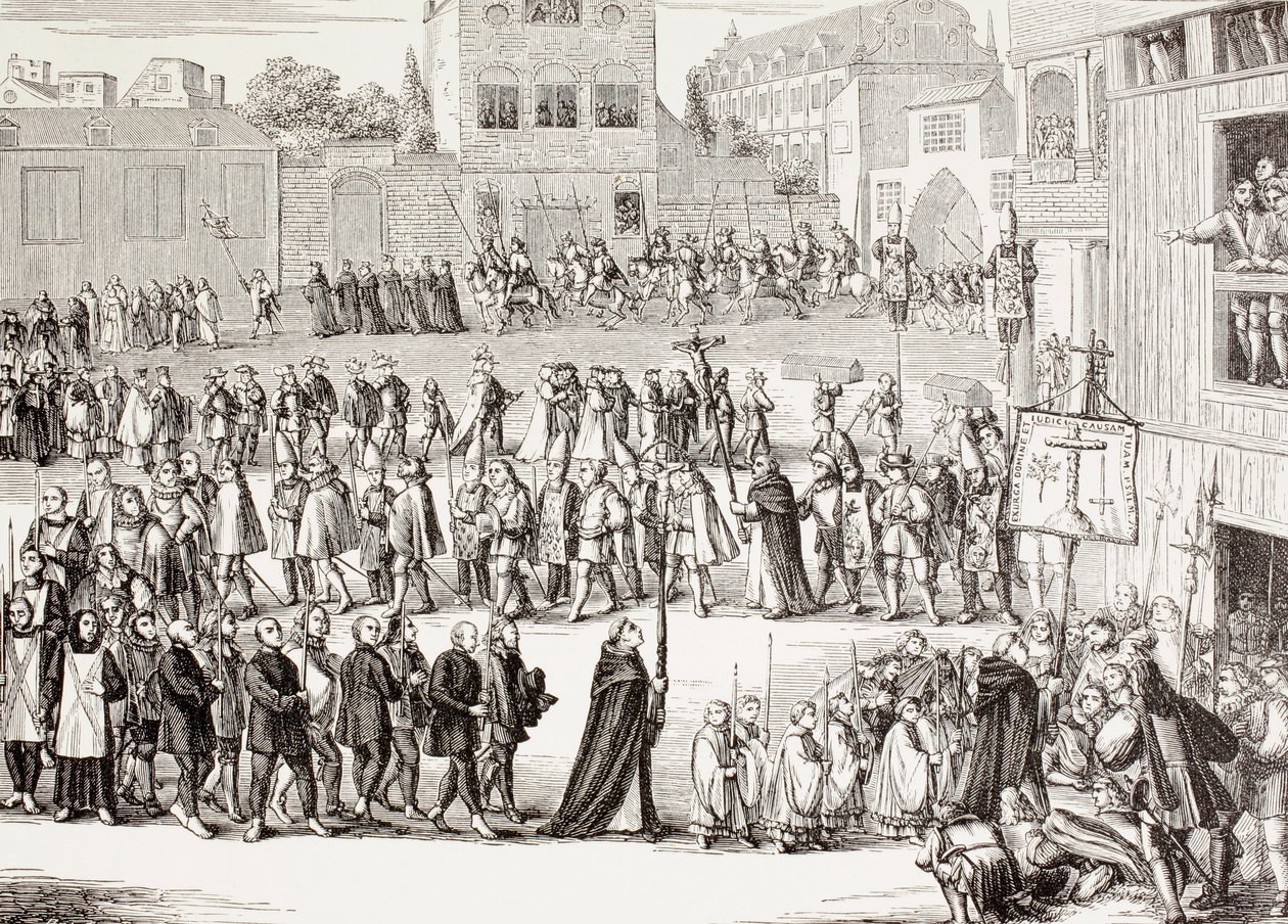 En Auto-da-fe, eller Act of Faith, prosesjon i Spania, etter en gravering fra 1400-tallet, fra 'Militært og religiøst liv i middelalderen' av Paul Lacroix publisert i London rundt 1880 av Unknown