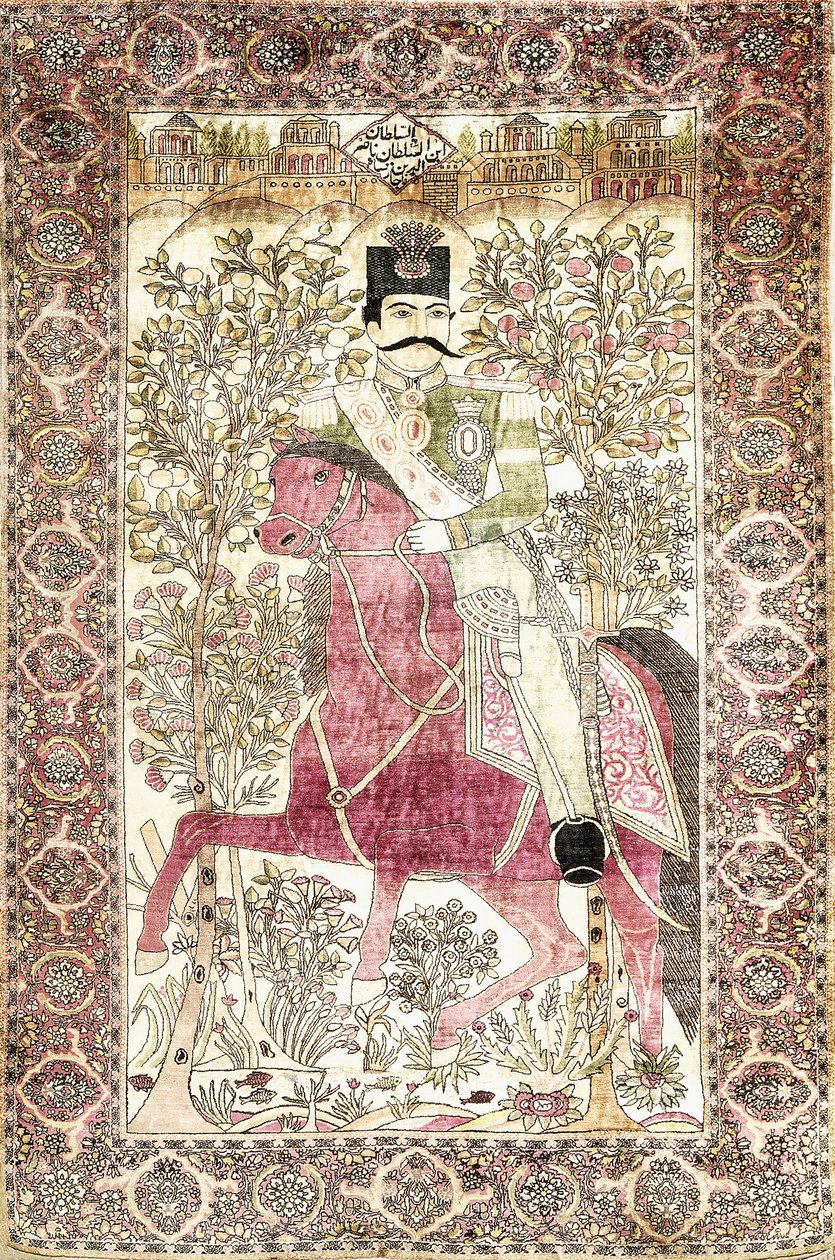 Et antikt silke Kashan "mochtasham" billedteppe, som viser den monterte figuren til Naser al-Din Shah av Unbekannt