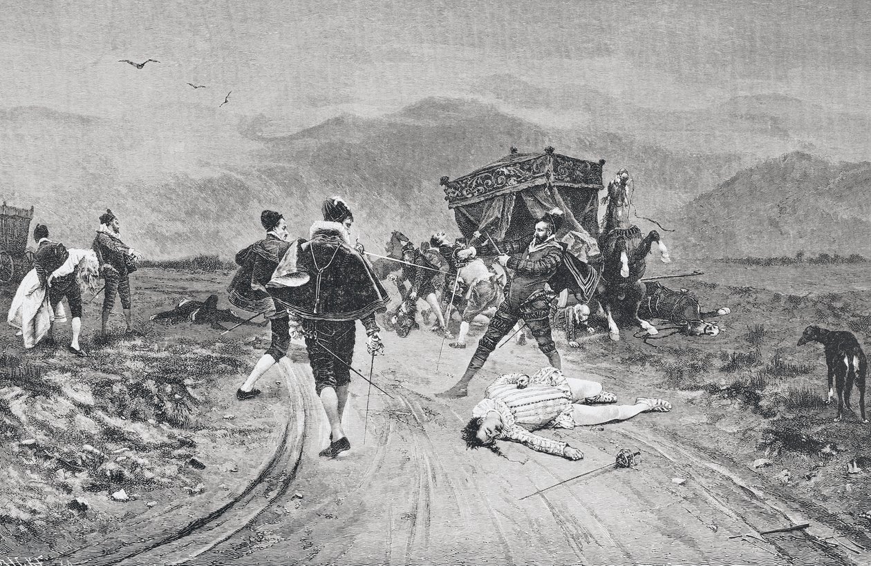 Et angrep på en trener, midten av 1600-tallet, fra 'La Ilustracion Artistica', utgitt 1887 av Unknown