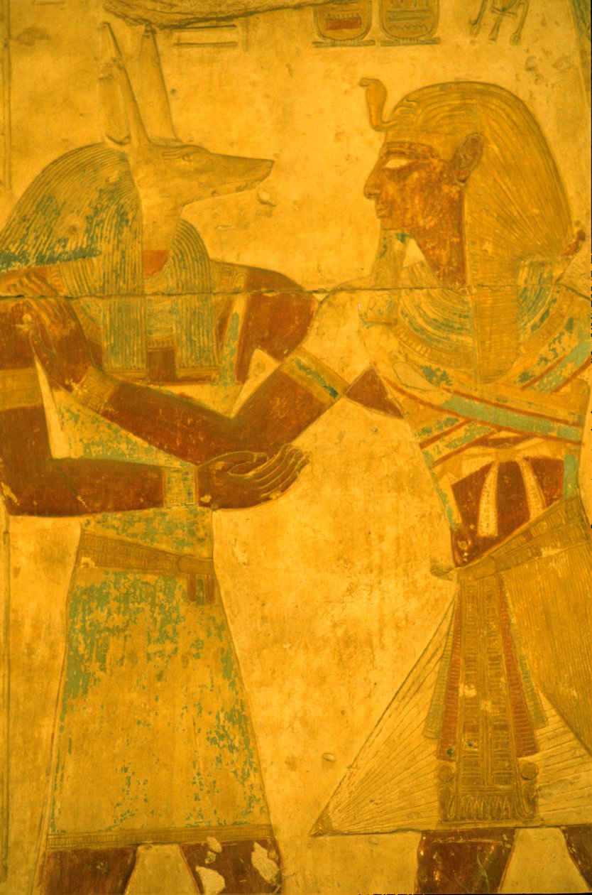 Det gamle Egypt, veggmaleri/utskjæring, Seti I som omfavner guden Anubis, Temple of Seti I, Abydos av Leopold Blonder