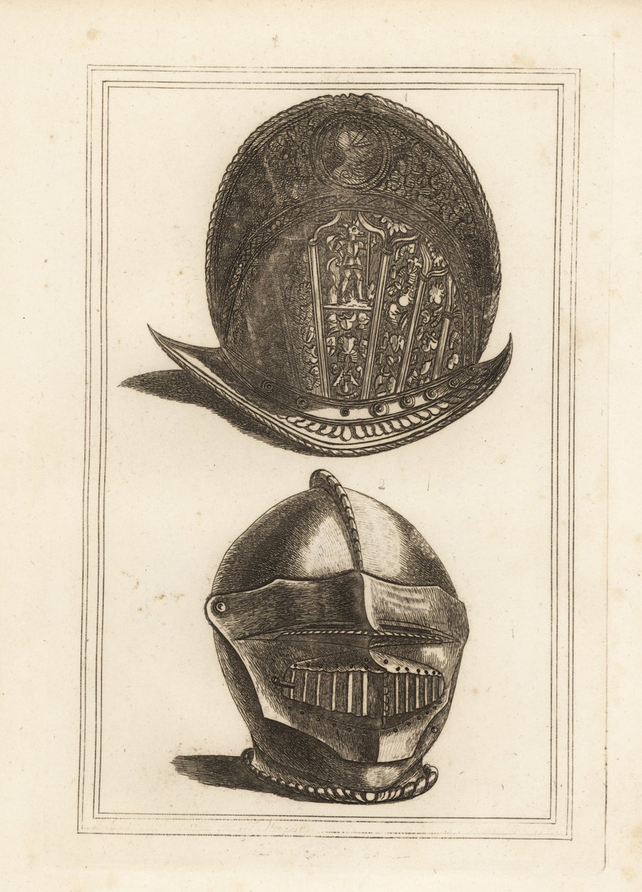Gammel venetiansk morionhjelm utsmykket med militære trofeer, og en burgonet hjelm med enhetlig visir og bever fra Tower of London av Unbekannt